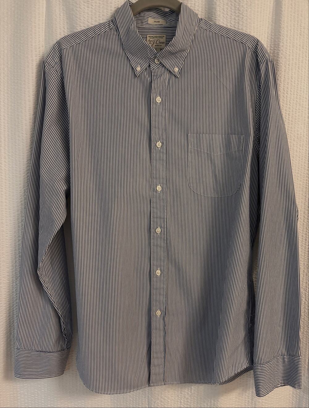 J.Crew Secret Wash Shirt Mens L Slim Fit Blue Striped Organic Cotton Stretch